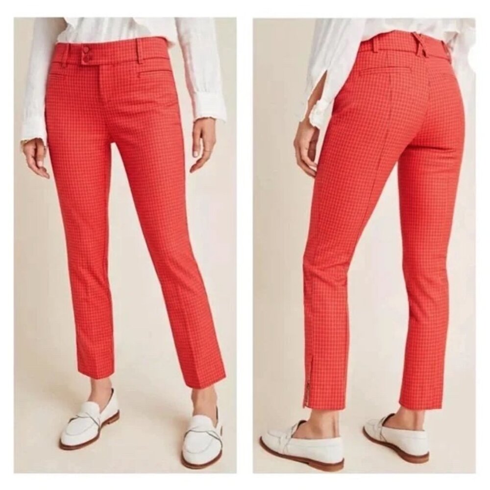 Anthropologie The Essential Slim Pant Trouser Ankle Windowpane Red Size 2 EUC